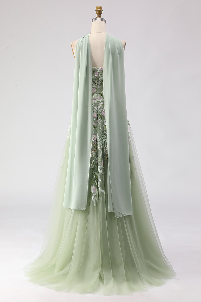 Load image into Gallery viewer, Floral Dusty Sage A Line Tulle Neck Scarf Long Prom Dress with Slit