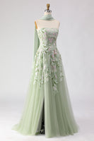 Load image into Gallery viewer, Floral Dusty Tulle Sage Neck Scarf A Line Long Prom Dress with Slit