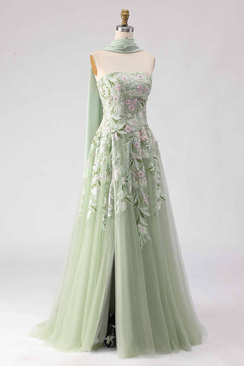Load image into Gallery viewer, Floral Dusty Tulle Sage Neck Scarf A Line Long Prom Dress with Slit