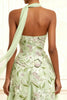 Load image into Gallery viewer, Floral Dusty Sage A Line Tulle Neck Scarf Long Prom Dress with Slit