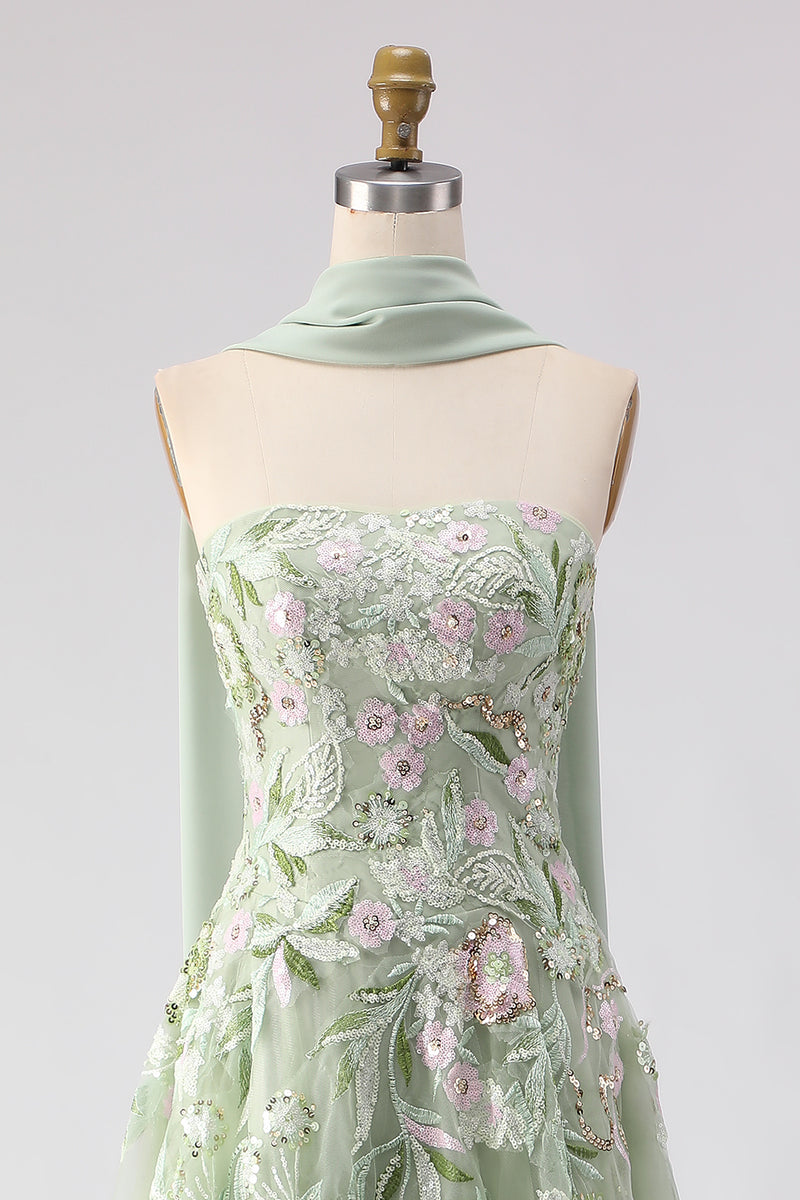 Load image into Gallery viewer, Floral Dusty Tulle Sage Neck Scarf A Line Long Prom Dress with Slit