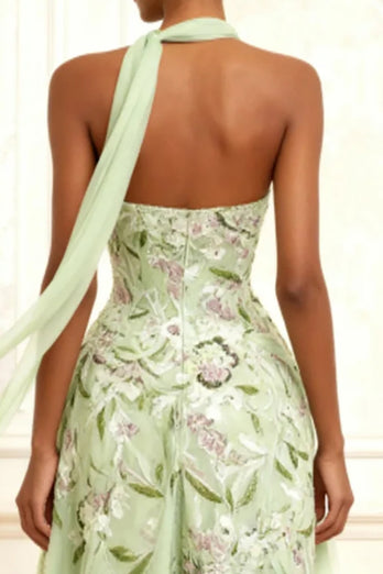 Floral Dusty Sage A Line Tulle Neck Scarf Long Prom Dress with Slit