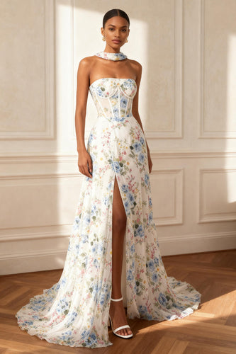Floral White Neck Scarf A Line Long Corset Prom Dress with Slit