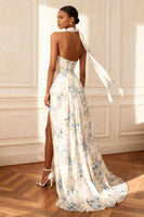 Load image into Gallery viewer, Floral White Neck Scarf A Line Long Corset Prom Dress with Slit