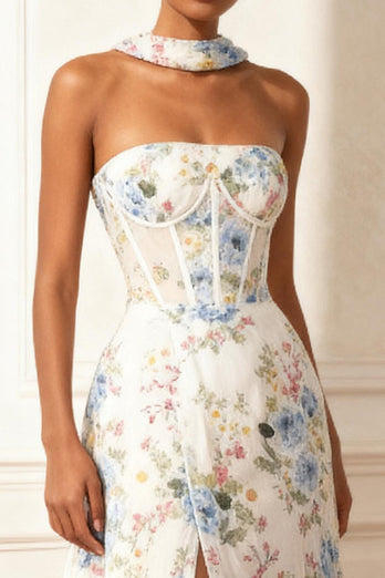 Floral White Neck Scarf A Line Long Corset Prom Dress with Slit