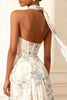 Load image into Gallery viewer, Floral White Neck Scarf A Line Long Corset Prom Dress with Slit
