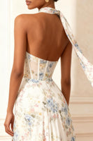 Load image into Gallery viewer, Floral White Neck Scarf A Line Long Corset Prom Dress with Slit