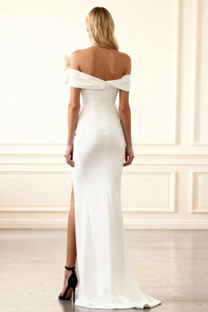 White Satin Off The Shoulder Mermaid Long Prom Dress with Bow