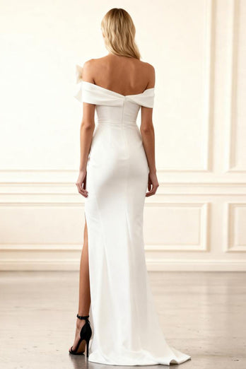White Satin Off The Shoulder Mermaid Long Prom Dress with Bow
