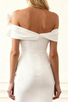 Load image into Gallery viewer, White Satin Off The Shoulder Mermaid Long Prom Dress with Bow