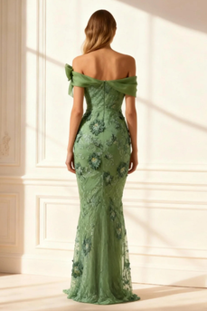 Floral Eucalyptus Off The Shoulder Mermaid Long Prom Dress with Slit