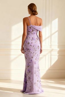 Floral Purple Spaghetti Straps Mermaid Long Prom Dress with Slit