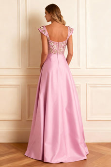 Floral Candy Pink A Line Satin Long Corset Prom Dress with Slit