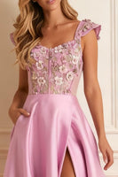 Load image into Gallery viewer, Floral Candy Pink A Line Satin Long Corset Prom Dress with Slit