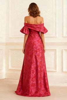 Rust Sheath Off the Shoulder Jacquard Long Prom Dress with Slit