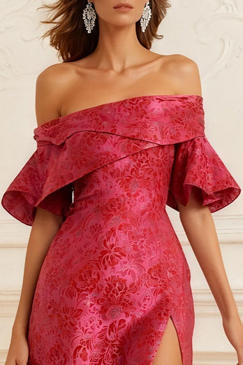 Rust Sheath Off the Shoulder Jacquard Long Prom Dress with Slit