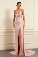 Load image into Gallery viewer, Floral Dusty Rose Sheath Satin Ruched Long Prom Dress with Slit