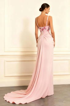 Floral Dusty Rose Sheath Satin Ruched Long Prom Dress with Slit