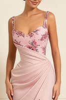 Load image into Gallery viewer, Floral Dusty Rose Sheath Satin Ruched Long Prom Dress with Slit