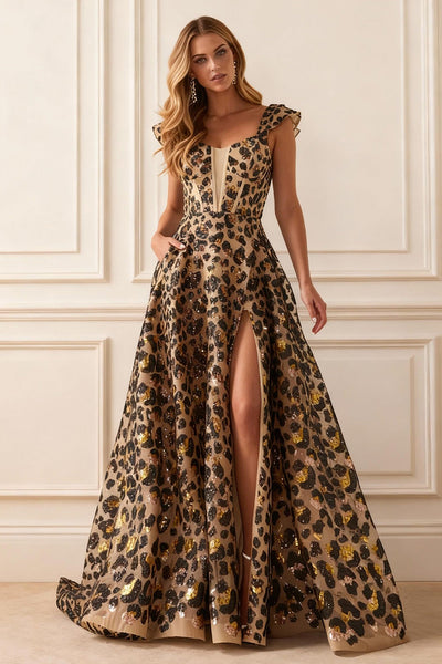 Sparkly Khaki Leopard A Line Corset Long Prom Dress with Slit