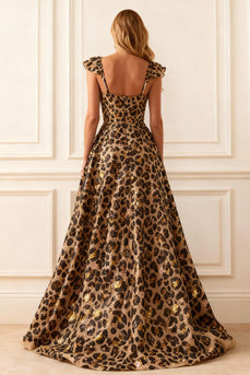 Sparkly Khaki Leopard A Line Corset Long Prom Dress with Slit
