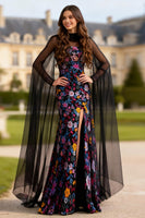 Load image into Gallery viewer, Black Floral Long Mermaid Sleeves Prom Dress with Slit