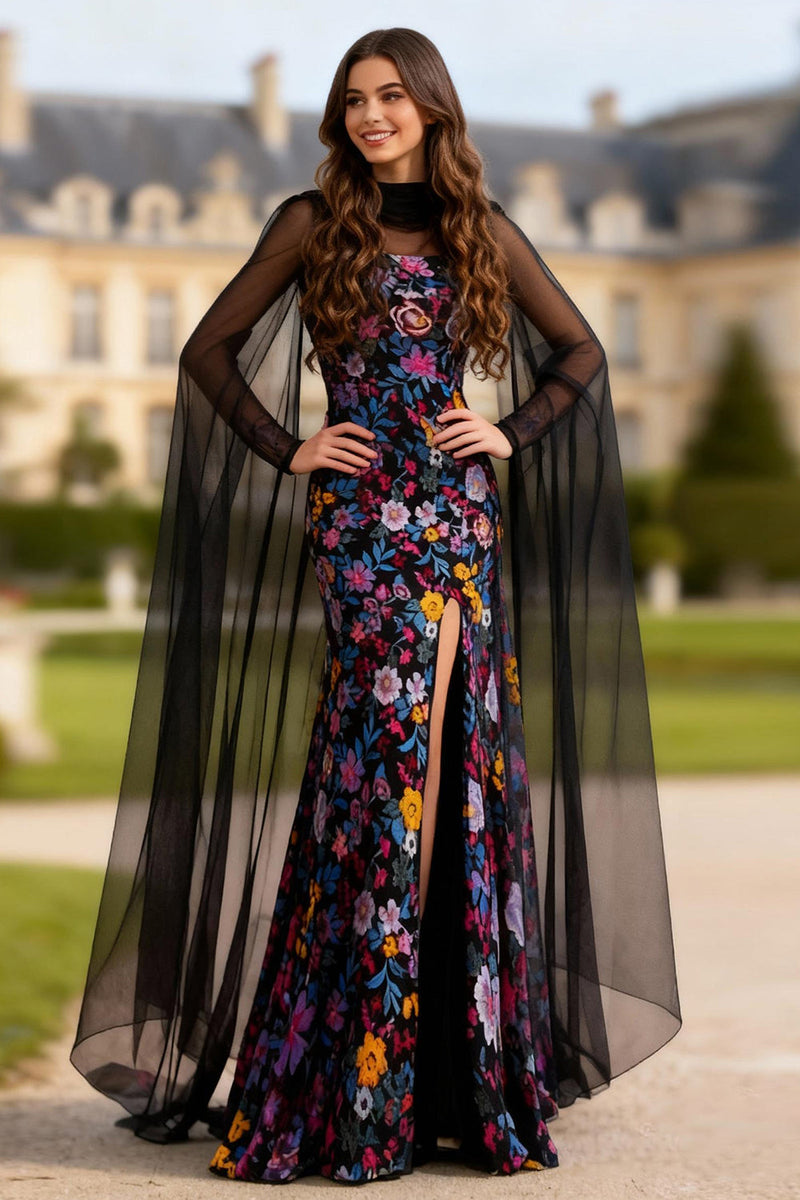 Load image into Gallery viewer, Black Floral Long Mermaid Sleeves Prom Dress with Slit