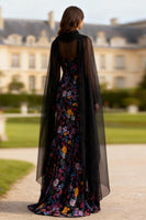 Load image into Gallery viewer, Black Floral Long Mermaid Sleeves Prom Dress with Slit