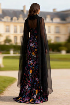 Black Floral Long Mermaid Sleeves Prom Dress with Slit
