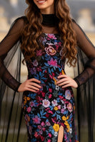 Load image into Gallery viewer, Black Floral Long Mermaid Sleeves Prom Dress with Slit