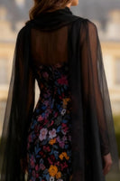 Load image into Gallery viewer, Black Floral Long Mermaid Sleeves Prom Dress with Slit