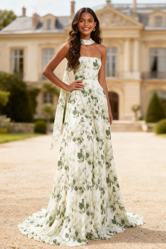 Dusty Sage Floral Neck Scarf Printed Long Prom Dress