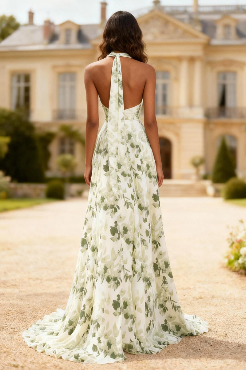 Load image into Gallery viewer, Dusty Sage Floral Neck Scarf Printed Long Prom Dress