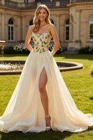 Load image into Gallery viewer, Champagne Floral Strapless Long Prom Dress with Slit