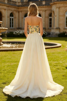 Champagne Floral Strapless Long Prom Dress with Slit