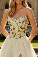 Load image into Gallery viewer, Champagne Floral Strapless Long Prom Dress with Slit