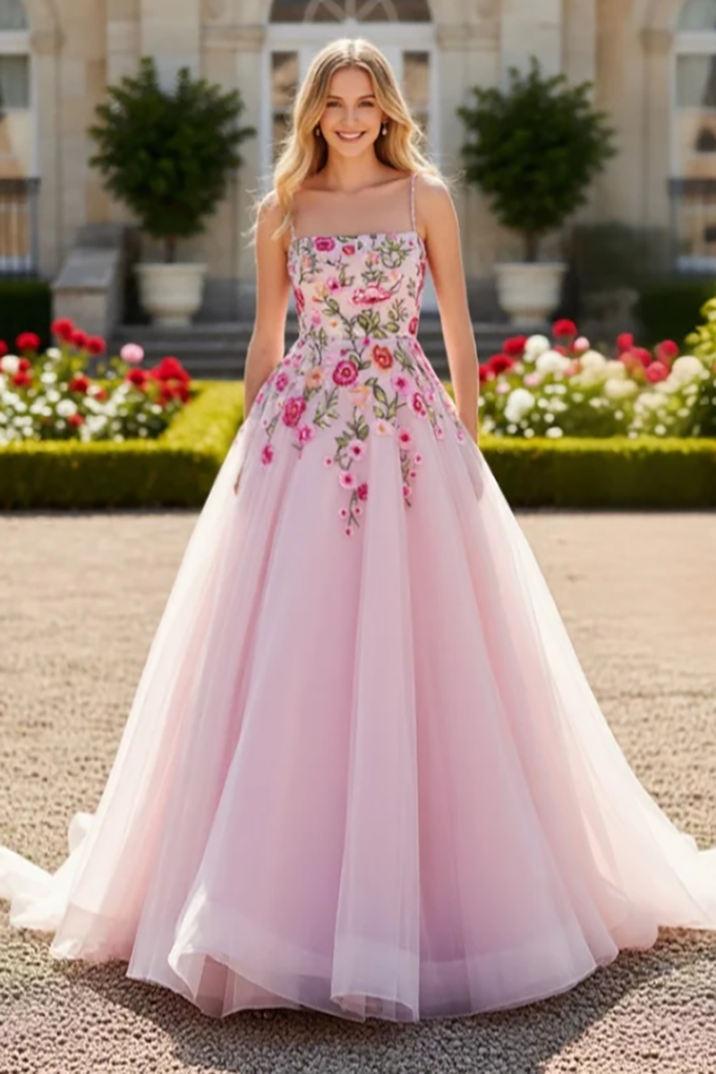 Load image into Gallery viewer, Sparkly Pink Spaghetti Straps Floral Long Prom Dress