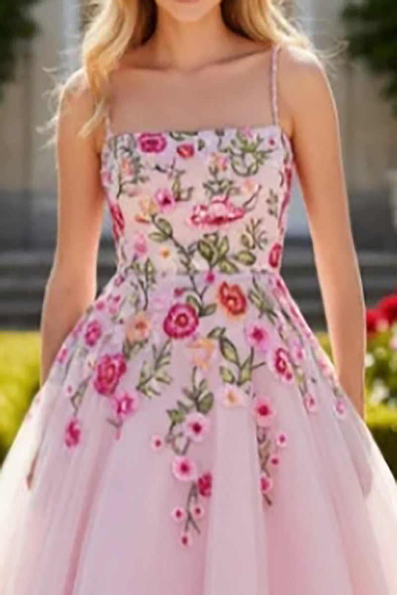Load image into Gallery viewer, Sparkly Pink Spaghetti Straps Floral Long Prom Dress