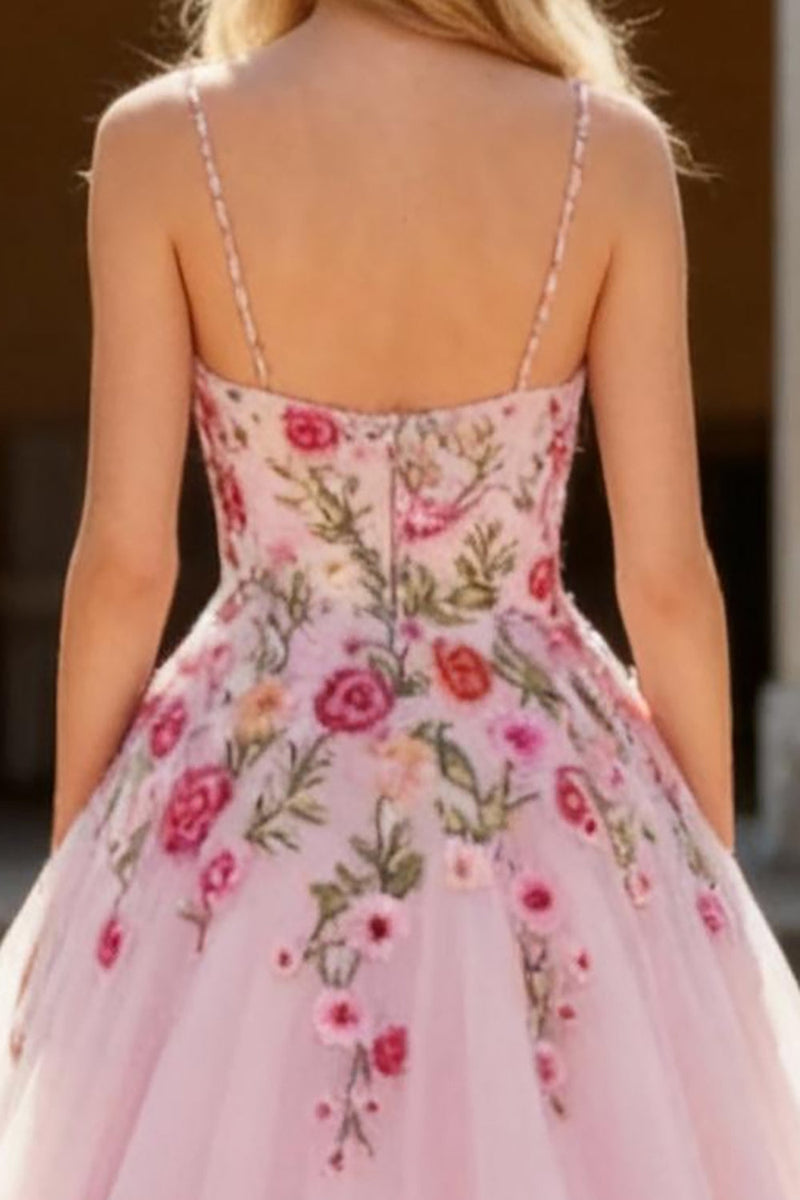 Load image into Gallery viewer, Sparkly Pink Spaghetti Straps Floral Long Prom Dress