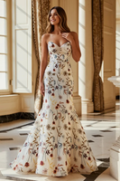 Load image into Gallery viewer, White Strapless Floral Mermaid Long Prom Dress