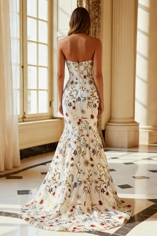 White Strapless Floral Mermaid Long Prom Dress