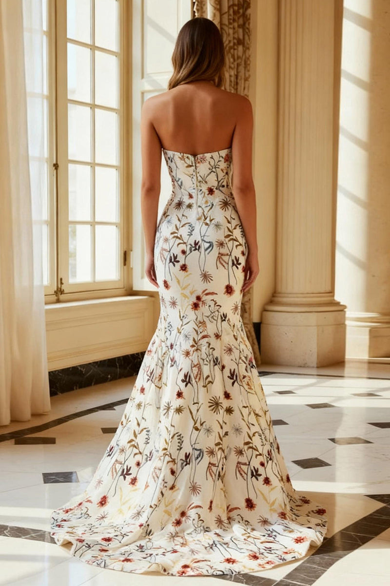 Load image into Gallery viewer, White Strapless Floral Mermaid Long Prom Dress