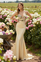 Load image into Gallery viewer, Champagne Floral Spaghetti Straps Long Mermaid Prom Dress