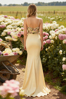 Load image into Gallery viewer, Champagne Floral Spaghetti Straps Long Mermaid Prom Dress