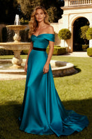 Load image into Gallery viewer, Peacock Blue A Line Off the Shoulder Long Prom Dress