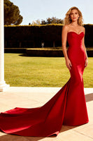 Load image into Gallery viewer, Red Satin Mermaid Strapless Long Prom Dress