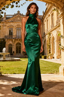 Load image into Gallery viewer, Dark Green Satin Mermaid High Neck Long Prom Dress