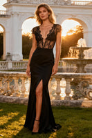 Load image into Gallery viewer, Black V Neck Corset Mermaid Long Prom Dress with Slit