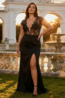 Load image into Gallery viewer, Black V Neck Corset Mermaid Long Prom Dress with Slit
