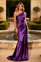 Load image into Gallery viewer, Purple Satin Mermaid One Shoulder Long Prom Dress with Sash
